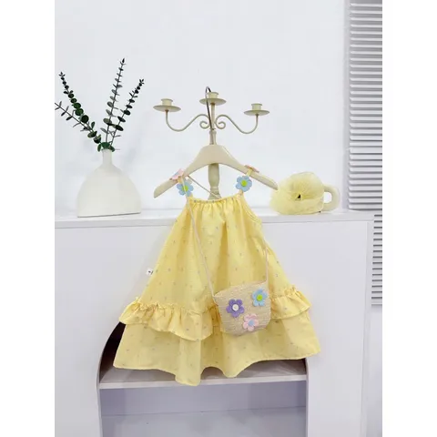 Váy bé gái, váy maxi vàng tặng túi cói cho bé 10-35kg
