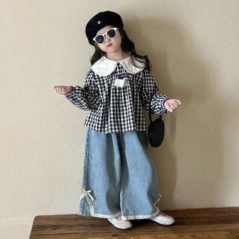 Quần áo bé gái, set bộ áo thô đũi kẻ caro kèm quần jean ống rộng cho bé 10-20kg