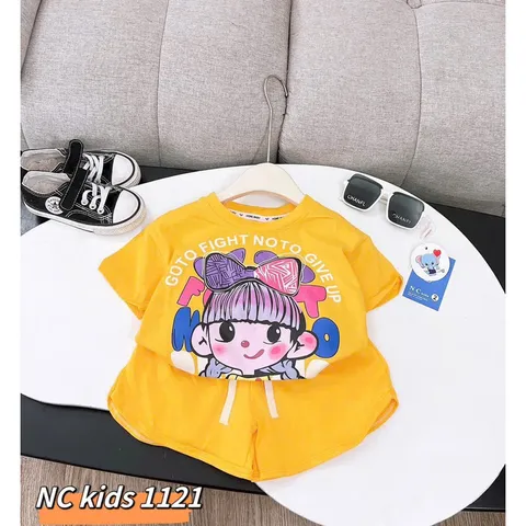 Quần áo bé gái, set bộ quần áo cộc tay chất cotton họa tiết cô gái đeo nơ size 10-38kg