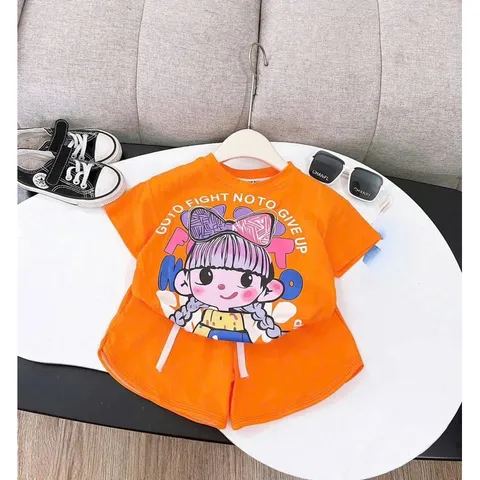 Quần áo bé gái, set bộ quần áo cộc tay chất cotton họa tiết cô gái đeo nơ size 10-38kg