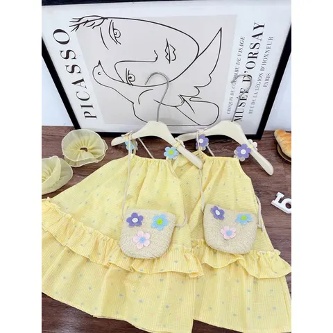 Váy bé gái, váy maxi vàng tặng túi cói cho bé 10-35kg