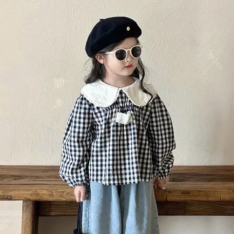 Quần áo bé gái, set bộ áo thô đũi kẻ caro kèm quần jean ống rộng cho bé 10-20kg