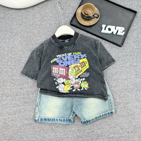 Quần áo bé trai, set bộ cộc tay áo Jean loang họa tiết M’s M’s kèm quần Jean ngố cho bé 10-35kg