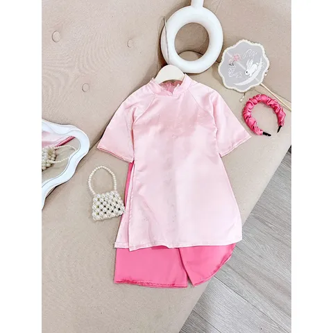 Áo dài cách tân bé gái, set 3ct áo dài cách tân lụa vân hoa HB kèm bờm cho bé 10-30kg