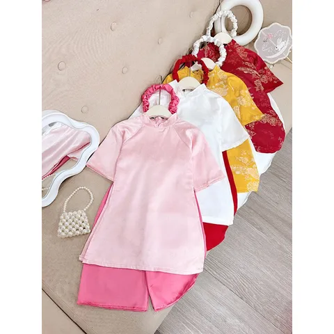 Áo dài cách tân bé gái, set 3ct áo dài cách tân lụa vân hoa HB kèm bờm cho bé 10-30kg