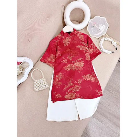 Áo dài cách tân bé gái, set 3ct áo dài cách tân lụa vân hoa HB kèm bờm cho bé 10-30kg