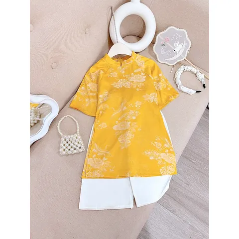 Áo dài cách tân bé gái, set 3ct áo dài cách tân lụa vân hoa HB kèm bờm cho bé 10-30kg