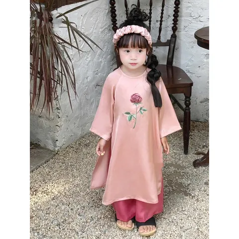 Áo dài cách tân bé gái, set áo dài lụa thêu và đắp hoa hồng TẶNG bờm tóc cho bé 10-20kg