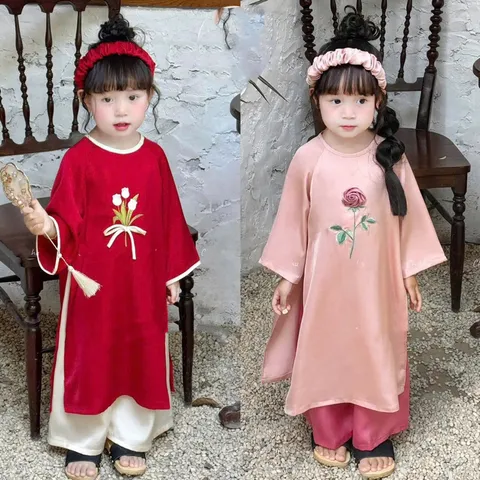 Áo dài cách tân bé gái, set áo dài lụa thêu và đắp hoa hồng TẶNG bờm tóc cho bé 10-20kg