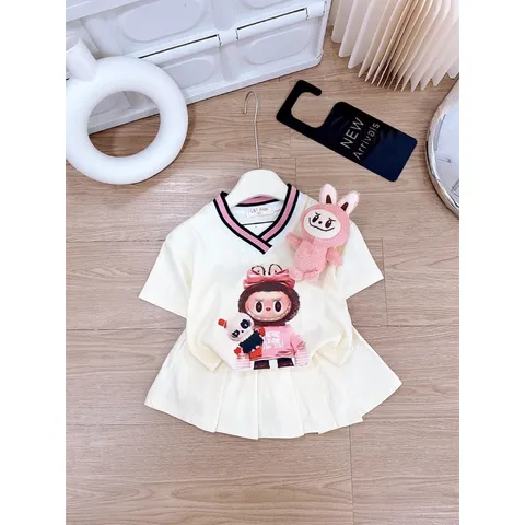 Váy bé gái, set áo cotton cổ tim phối chân váy xếp ly TẶNG KÈM GẤU LABUBU cho bé 10-30kg