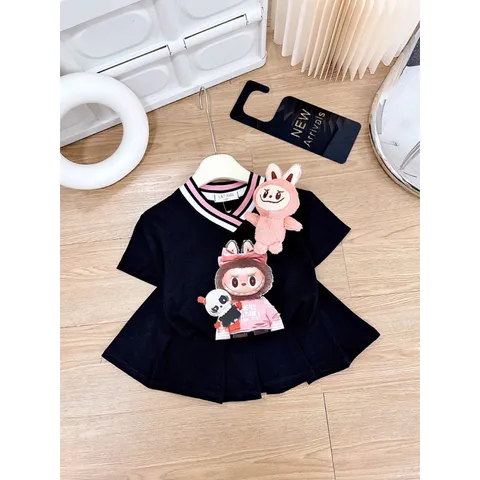 Váy bé gái, set áo cotton cổ tim phối chân váy xếp ly TẶNG KÈM GẤU LABUBU cho bé 10-30kg