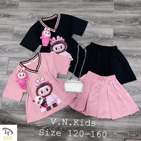 Váy bé gái, set áo cotton cổ tim phối chân váy xếp ly TẶNG KÈM GẤU LABUBU cho bé 10-30kg
