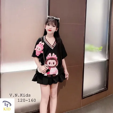 Váy bé gái, set áo cotton cổ tim phối chân váy xếp ly TẶNG KÈM GẤU LABUBU cho bé 10-30kg