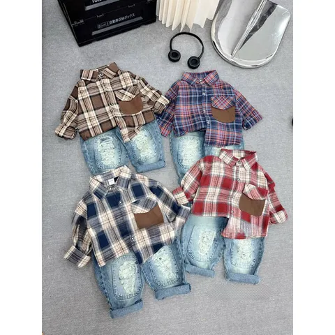 Quần áo bé trai, set bộ áo sơ mi kẻ to phối quần Jean cho bé 10-30kg