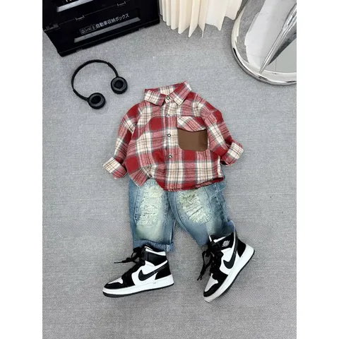 Quần áo bé trai, set bộ áo sơ mi kẻ to phối quần Jean cho bé 10-30kg