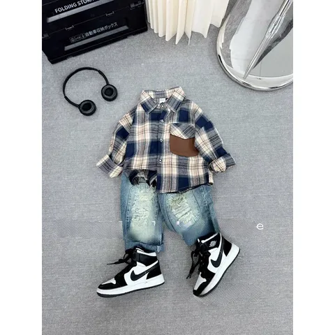 Quần áo bé trai, set bộ áo sơ mi kẻ to phối quần Jean cho bé 10-30kg