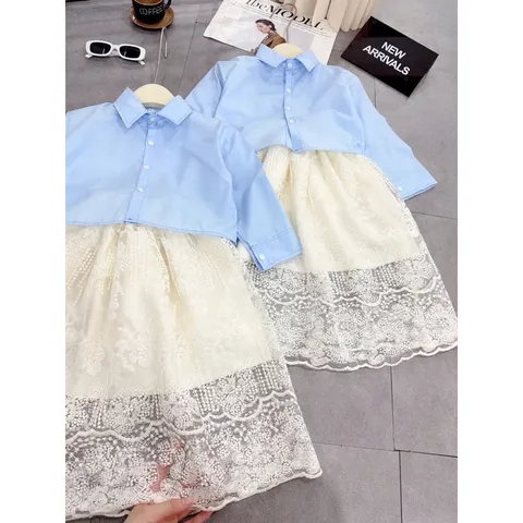 Váy bé gái, set áo sơ mi dài kèm chân váy ren cho bé 12-30kg