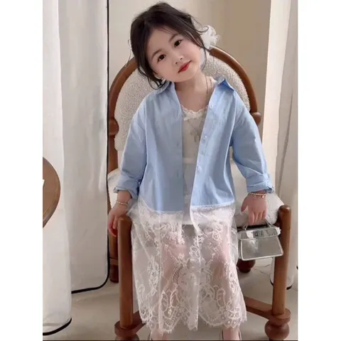 Váy bé gái, set áo sơ mi dài kèm chân váy ren cho bé 12-30kg