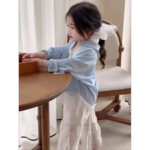 Váy bé gái, set áo sơ mi dài kèm chân váy ren cho bé 12-30kg