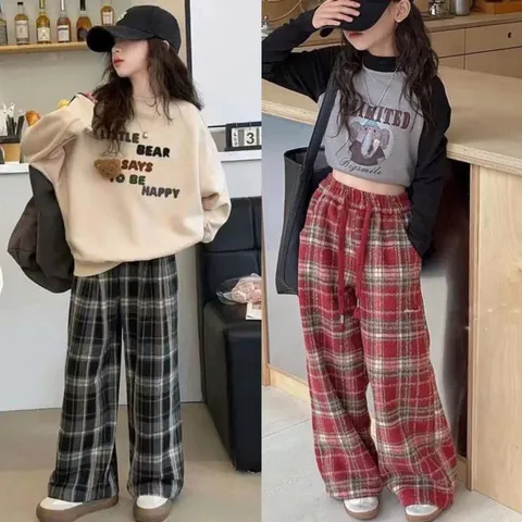 Quần kẻ dạ ống suông, quần suông kẻ Hottrend cho bé gái và bé trai size 15-55kg