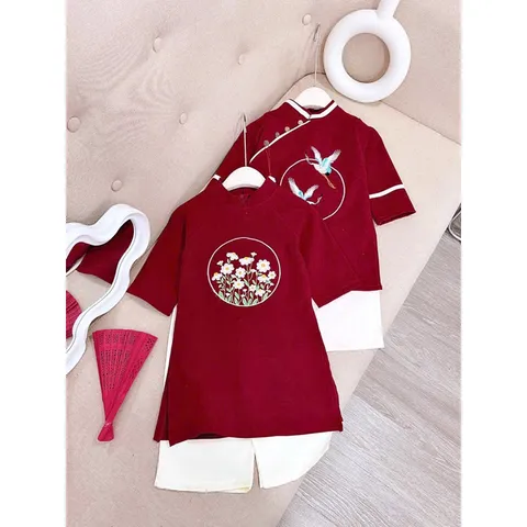 Áo dài cách tân cho bé, cặp áo dài chim hạc và hoa cho bé trai và bé gái size 10-30kg