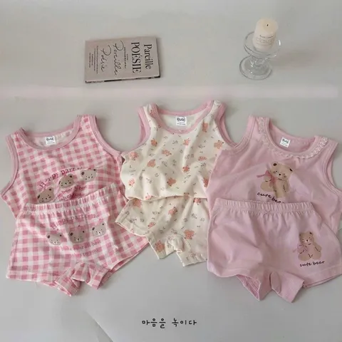 Quàn áo bé gái, set bộ sát nách chất cotton họa tiết gấu nâu cho bé 8-22kg