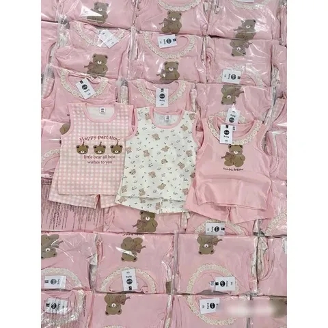 Quàn áo bé gái, set bộ sát nách chất cotton họa tiết gấu nâu cho bé 8-22kg