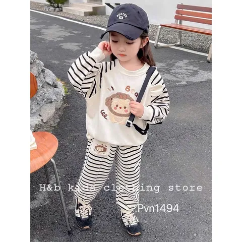 Quần áo thu đông bé gái, set bộ quần áo dài tay chất da cá thêu đắp gấu giáp lăng kẻ cho bé 8-22kg