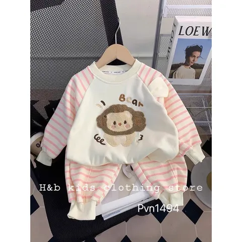 Quần áo thu đông bé gái, set bộ quần áo dài tay chất da cá thêu đắp gấu giáp lăng kẻ cho bé 8-22kg