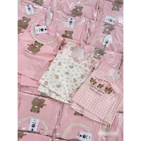 Quàn áo bé gái, set bộ sát nách chất cotton họa tiết gấu nâu cho bé 8-22kg