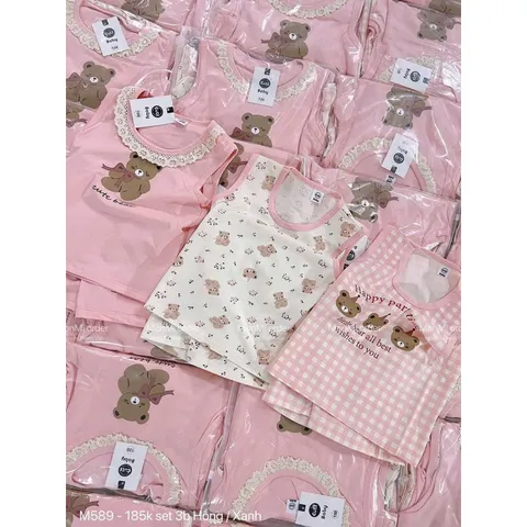 Quàn áo bé gái, set bộ sát nách chất cotton họa tiết gấu nâu cho bé 8-22kg