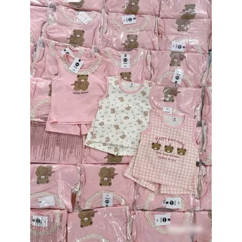 Quàn áo bé gái, set bộ sát nách chất cotton họa tiết gấu nâu cho bé 8-22kg