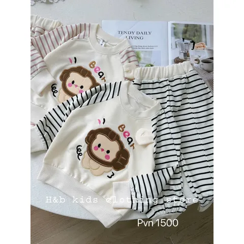 Quần áo thu đông bé gái, set bộ quần áo dài tay chất da cá thêu đắp gấu giáp lăng kẻ cho bé 8-22kg