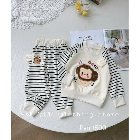 Quần áo thu đông bé gái, set bộ quần áo dài tay chất da cá thêu đắp gấu giáp lăng kẻ cho bé 8-22kg