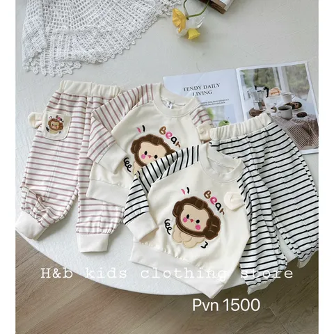Quần áo thu đông bé gái, set bộ quần áo dài tay chất da cá thêu đắp gấu giáp lăng kẻ cho bé 8-22kg