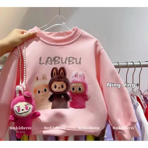 Đồ thu đông bé gái, áo nỉ 2 da dài tay họa tiết Labubu cho bé 10-30kg