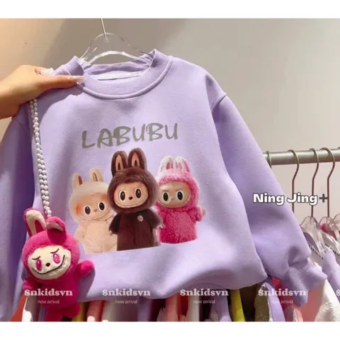 Đồ thu đông bé gái, áo nỉ 2 da dài tay họa tiết Labubu cho bé 10-30kg