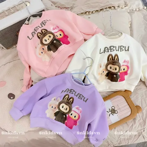 Đồ thu đông bé gái, áo nỉ 2 da dài tay họa tiết Labubu cho bé 10-30kg