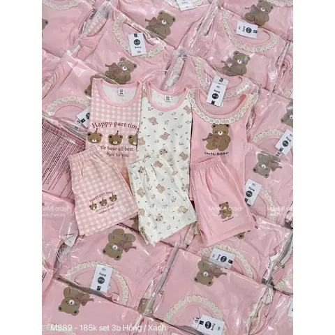 Quàn áo bé gái, set bộ sát nách chất cotton họa tiết gấu nâu cho bé 8-22kg
