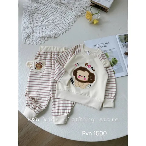 Quần áo thu đông bé gái, set bộ quần áo dài tay chất da cá thêu đắp gấu giáp lăng kẻ cho bé 8-22kg