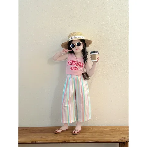 Quần áo bé gái, set bộ áo croptop MENGWAN phối quần suông kẻ cho bé 10-22kgoò