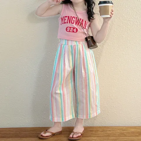 Quần áo bé gái, set bộ áo croptop MENGWAN phối quần suông kẻ cho bé 10-22kgoò