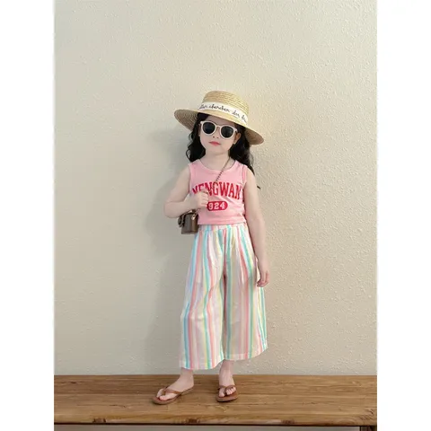 Quần áo bé gái, set bộ áo croptop MENGWAN phối quần suông kẻ cho bé 10-22kgoò