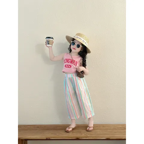 Quần áo bé gái, set bộ áo croptop MENGWAN phối quần suông kẻ cho bé 10-22kgoò