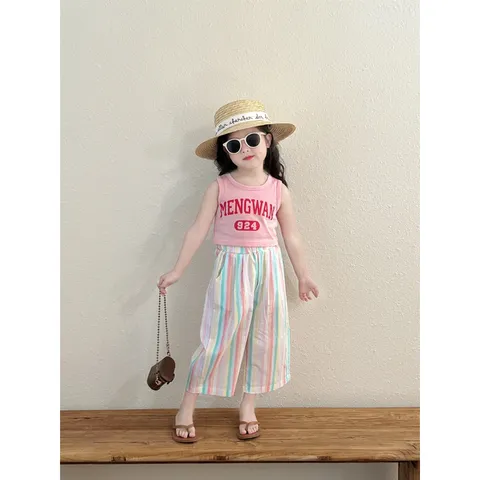 Quần áo bé gái, set bộ áo croptop MENGWAN phối quần suông kẻ cho bé 10-22kgoò