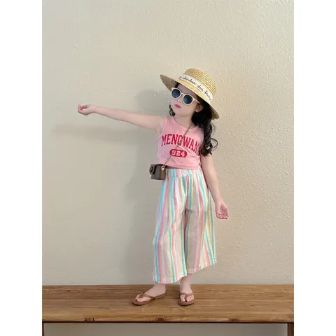 Quần áo bé gái, set bộ áo croptop MENGWAN phối quần suông kẻ cho bé 10-22kgoò