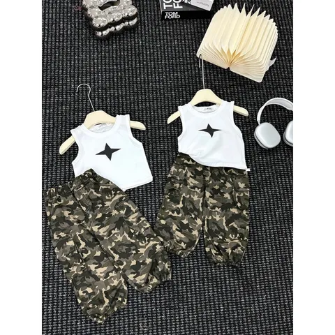Quần áo bé gái, set bộ áo sát nách kèm quần hiphop rằn ri cá tính cho bé 10-30kg