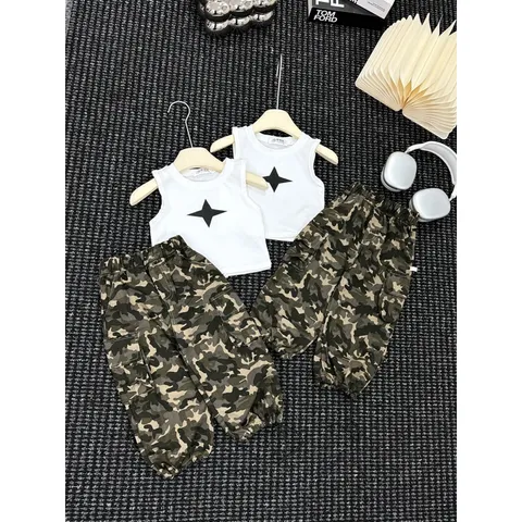 Quần áo bé gái, set bộ áo sát nách kèm quần hiphop rằn ri cá tính cho bé 10-30kg