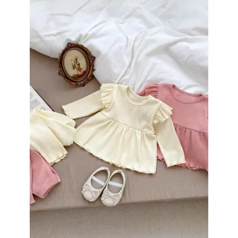 Bộ thu đông bé gái, set bộ tăm lạnh áo dáng baby doll bèo vai kèm quần cho bé