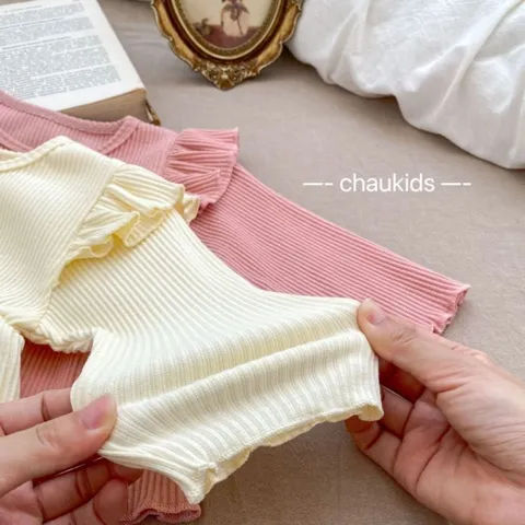 Bộ thu đông bé gái, set bộ tăm lạnh áo dáng baby doll bèo vai kèm quần cho bé
